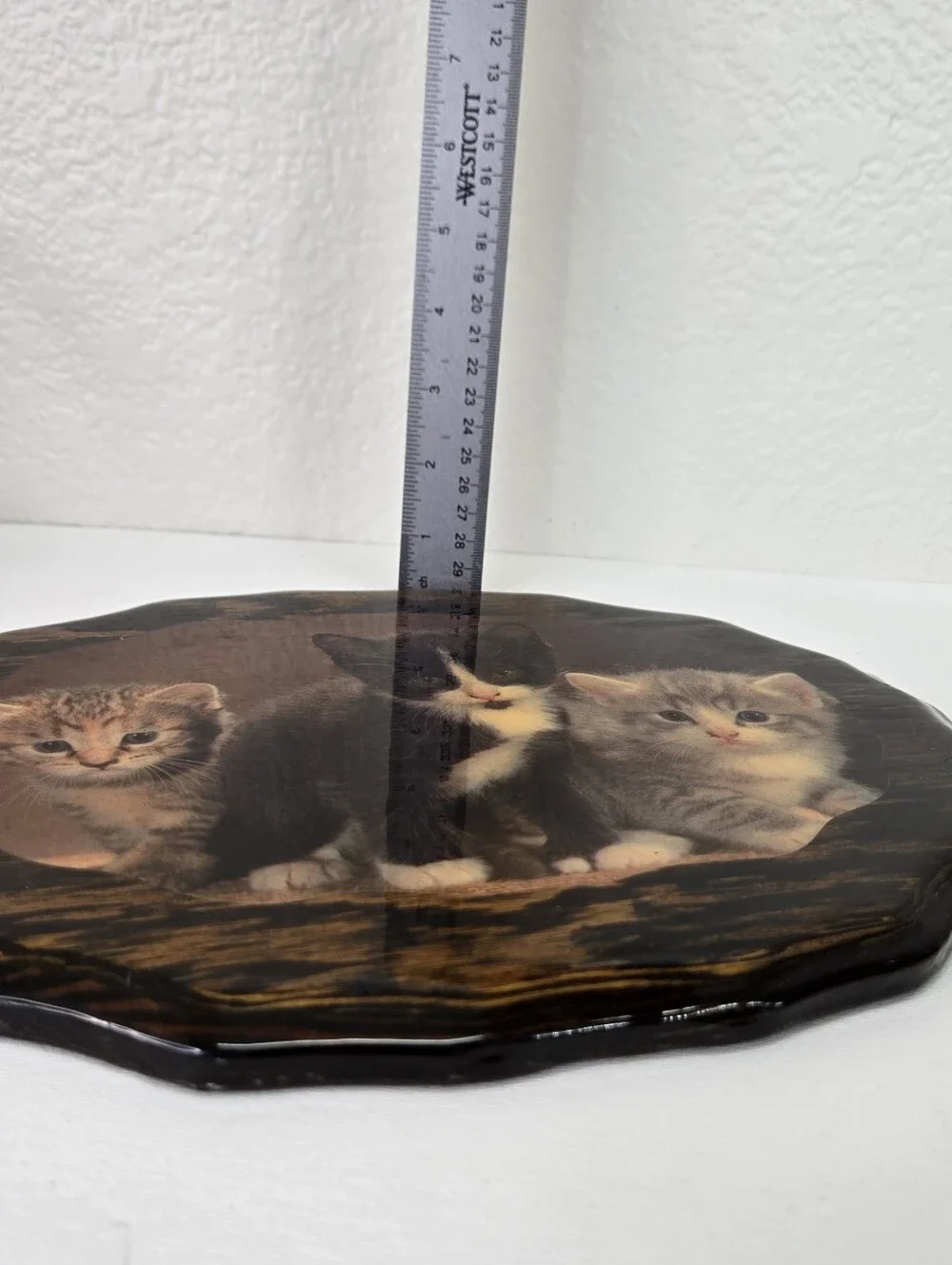 VTG 80s Decoupage Wood Plaque 3 Kittens Lacquer Frame Cat Art Wall  Kitsch